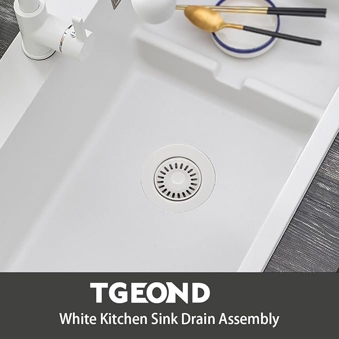 White Kitchen Sink Drain Assembly, 3-1/2 inch Polymer Kitchen Drain Strainer Kit with Removable Basket Strainers Stopper Matching for Granite/Fireclay Sinks