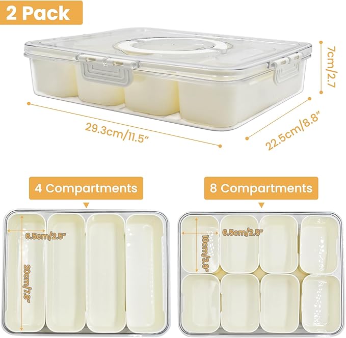 2 Pack Divided ServingTray with lid and Handle, 8 & 4 Compartments Snackle Box with Utensils, Fridge Food Veggie Condiment Storage, Kitchen Clear Food Container for Picnic, Camping, School
