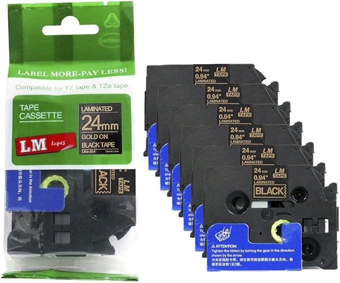 6/Pack LM Tapes - LMe-354 Premium 1" Gold Print on Black Label Compatible with Brother TZe-354 P-Touch and Includes Tape Color/Size Guide. Replaces TZ354 24mm 0.94 Laminated