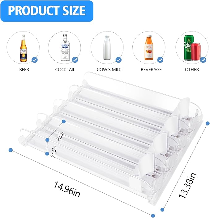 SOLY Drink Organizer for Fridge, Automatic Soda Can Dispenser with Pusher, 5-Row Refrigerator Drink Organizer Holds 25–30 Cans, 14.96" Deep