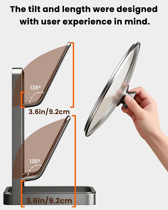 IENG Pot Lid Organizer Holder Kitchen Storage Rack While Cooking Inside Cabinet Pan Cover Countertop with Double U-Shaped Slots over the Stove Spoon and Rest for Cutting Board Stand Drip Tray