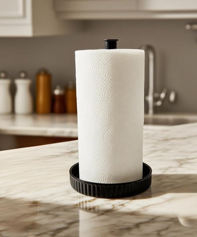 VROOMIUM Paper Towel Holder Countertop, Ceramic Base Easy-to-Clean, 1.5 lbs, 7" B x 12.5" H, Stable Elegant and Durable Kitchen Roll Stand, Classic Black
