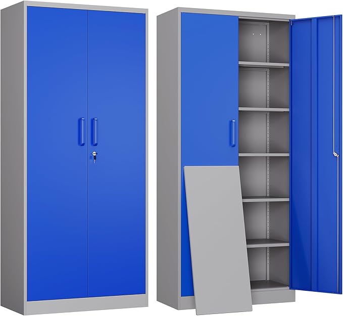 Yizosh Metal Garage Storage Cabinet with 2 Doors and 5 Adjustable Shelves - 71" Steel Lockable File Cabinet,Locking Tool Cabinets for Office,Home,Garage,Gym,School (Gray Blue)