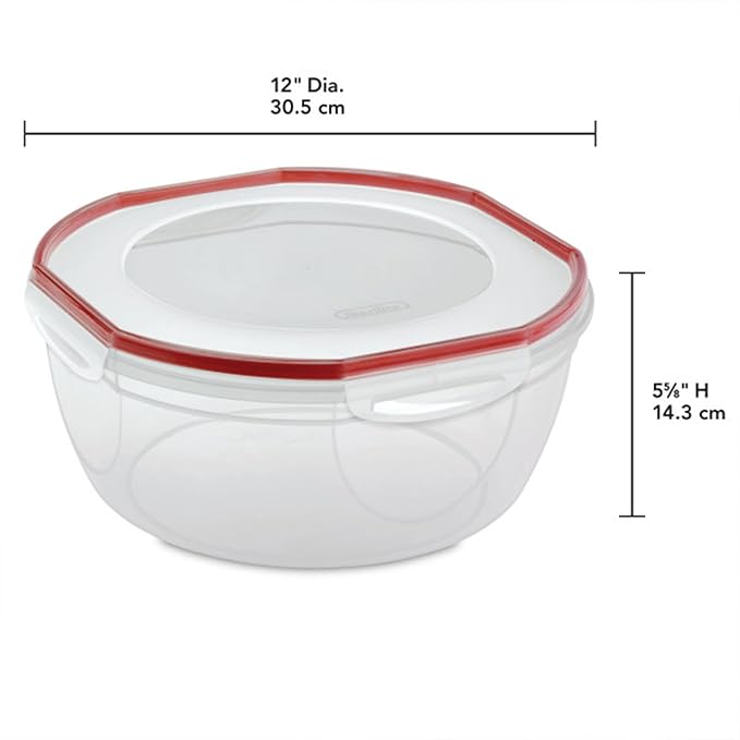 Sterilite Ultra-Seal 8.1 Qt Bowl, Large Airtight Food Storage Container, Latching Lid, Microwave and Dishwasher Safe, Clear With Red Gasket, 2-Pack