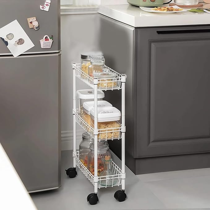 NSF white 3-layer storage rack, refrigerator crevice rack, washing machine crevice rack, laundry room dirty clothes storage, multifunctional household epoxy resin deep mesh basket