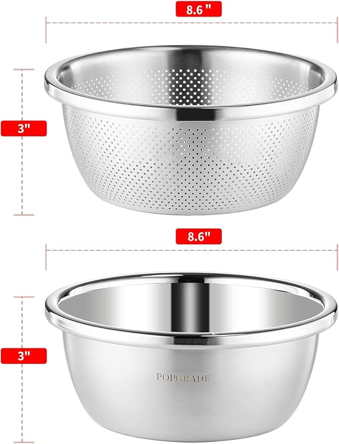 POPGRADE 304 Stainless Steel Colander 2QT Microporous Colander & Mixing Bowl for Kitchen Cooking,Rice Strainer with Washing Bowl for Pasta Straining,Fruit Washing,Vegetable Draining(2PCs)