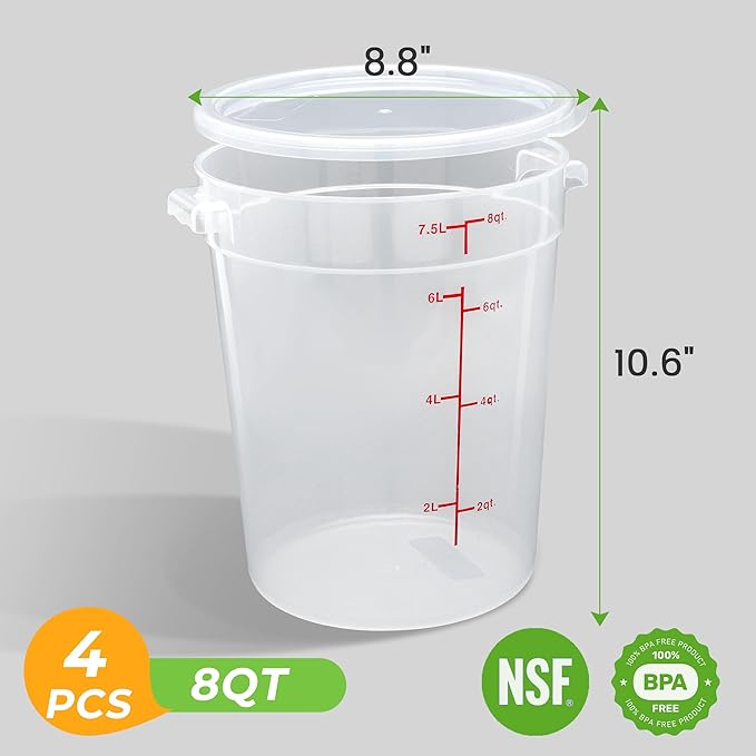 BIEAMA 4 Pack Round Food Storage Containers with Lids, 8Qt Translucent Commercial Food Container, Polypropylene, BPA Free, Includes Labels & Measuring Cups