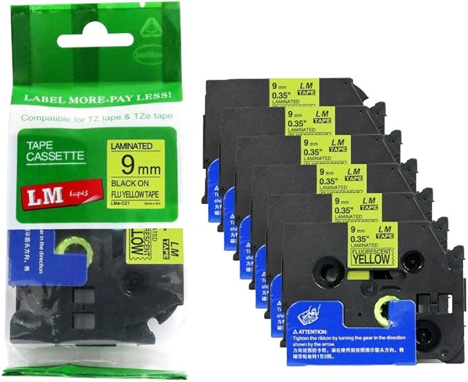 6/Pack LM Tapes - LMe-C21 Premium 3/8" Black Print on Bright Yellow Label Compatible with Brother TZeC21 Tape and Includes Tape Color/Size Guide. Replaces TZ-C21 9mm 0.35 Laminated.