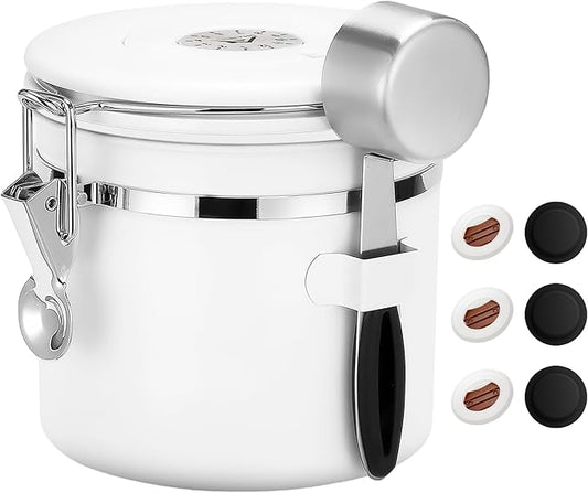 ShanSon Coffee Canister Airtight Coffee Container Stainless Steel Coffee Bean Storage Container with Scoop Coffee Canister for Beans Grounds Sugar Flour Tea Cereal,11OZ, White