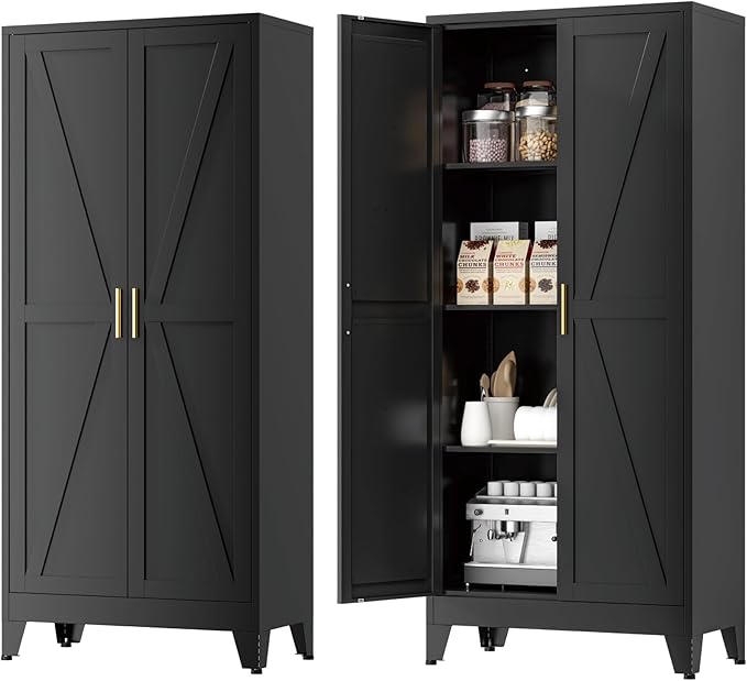 YNIQUESTLE Farmhouse Pantry Cabinet with Barn Doors,61" H x 27.5" W,Metal Cabinet with Adjustable Shelves,4-Tier Storage Cabinet for Kitchen Dining Room Garage Office,Black