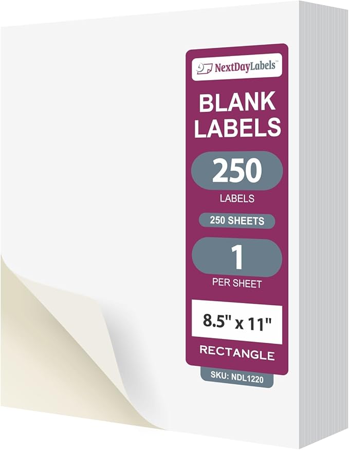 NextDayLabels 8.5x11 Full Sheet Stickers White Blank Labels for Laser Inkjet Printer - 1 Per Page Self-Adhesive Shipping Product Packaging Made in USA - 250 Labels