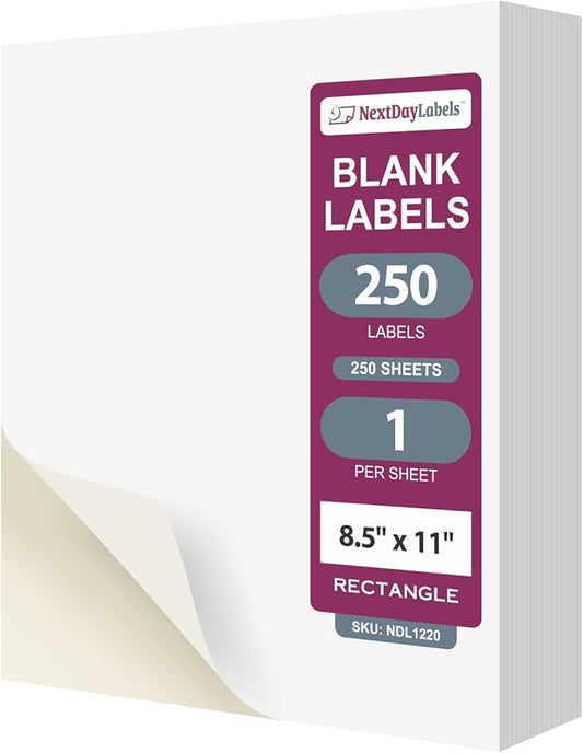 NextDayLabels 8.5x11 Full Sheet Stickers White Blank Labels for Laser Inkjet Printer - 1 Per Page Self-Adhesive Shipping Product Packaging Made in USA - 250 Labels