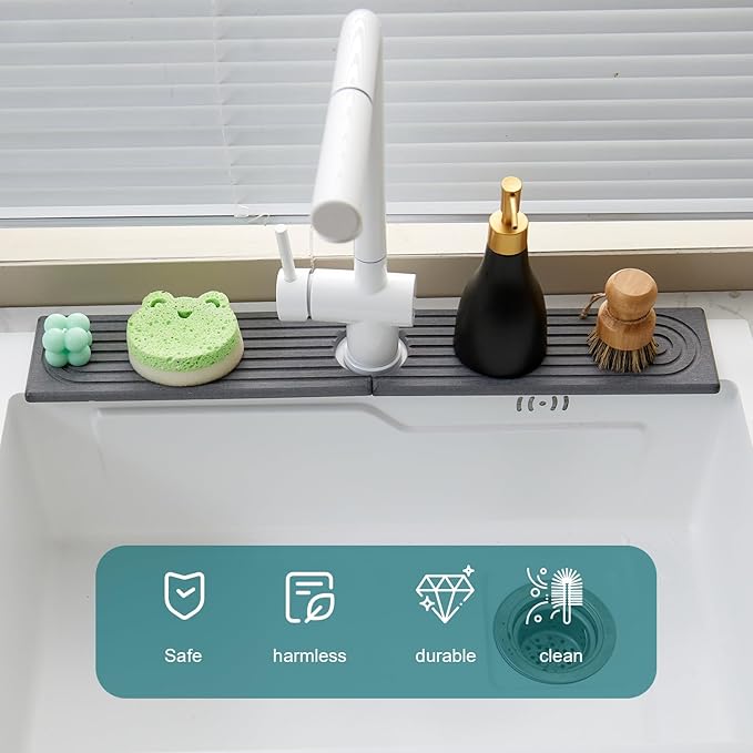 23.6 Inch Water-Absorbing Stone Faucet Mat for Kitchen Sink Bathroom Counter，Dark Grey Diatomite Drying Stone Mat, Sink Stone Tray Protector,Prevent Moisture Sink Splash Guard