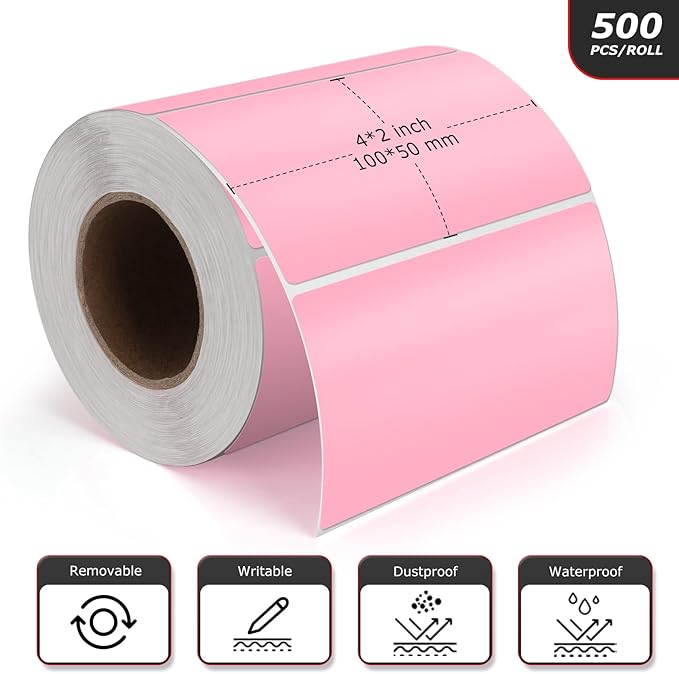 Pink Rectangle Stickers 4 x 2 Inch Color Coding Labels Vinyl Roll Self-Adhesive Waterproof Removable 500 PCS