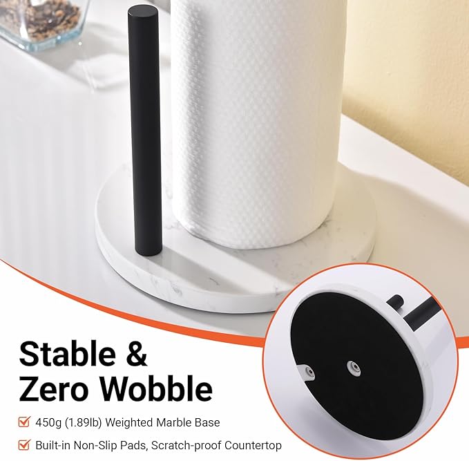 Hoooh Matte Black Paper Towel Holder Countertop with Non-Slip Marble Base - Rust-Resistant Stainless Steel, Freestanding for Kitchen Organization