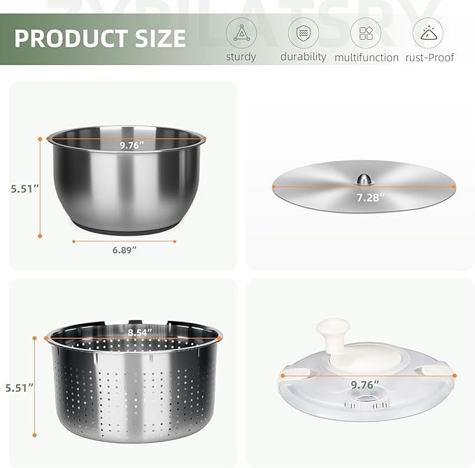 Zypilatsry 6L-Stainless Steel Salad Rotator, Vegetable Dishwasher,Lettuce Cleaner and Dryer, Kitchen Strainers.