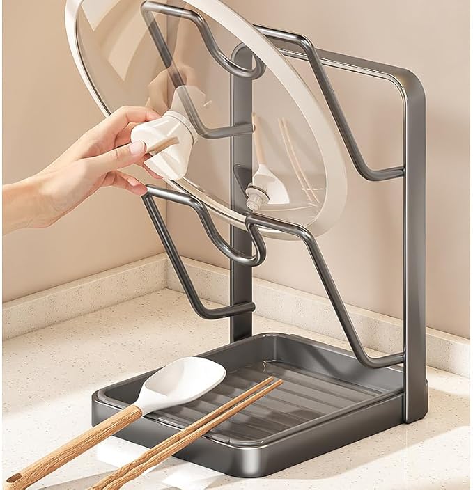 Kitchen Pot Lid Storage Rack, Pot Lid Organizer Rack, Holder While Cooking, Multifunctional Kitchen Pot Cover Organizer for Countertop, Two-Compartment Spatula Holder for Counter Stove Top (White B)
