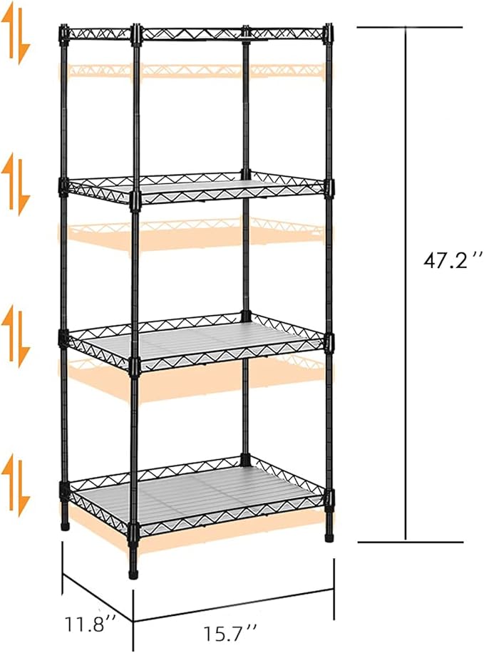 Best 4-Tier Wire Shelving - Black - Heavy Duty Shelf - Kitchen Storage Shelves, Wire Shelving Unit with Baskets Storage Rack Corner Shelf Shelving Adjustable Storage Shelf, 11.8" D x 15.7" W x 47" H