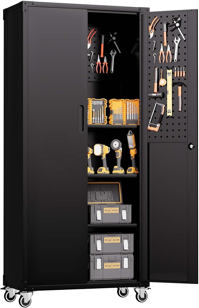 BIZOEIRON Garage Metal Storage Cabinet with Pegboard, 71'' Tall Storage Cabinet with Adjustable Shelves and Doors, Rolling Tool Cabinet on Wheels for Garage, Utility Room (Black)