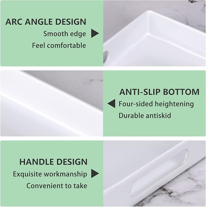 XMNFLY Serving Tray with Handles-10x15Inch White Melamine Modern Serving Platters,Serving Wine,Coffee,Breakfast/Kitchen Countertop Tray/Makeup Drawer Organizer/Vanity Table Tray/Decorative Tray