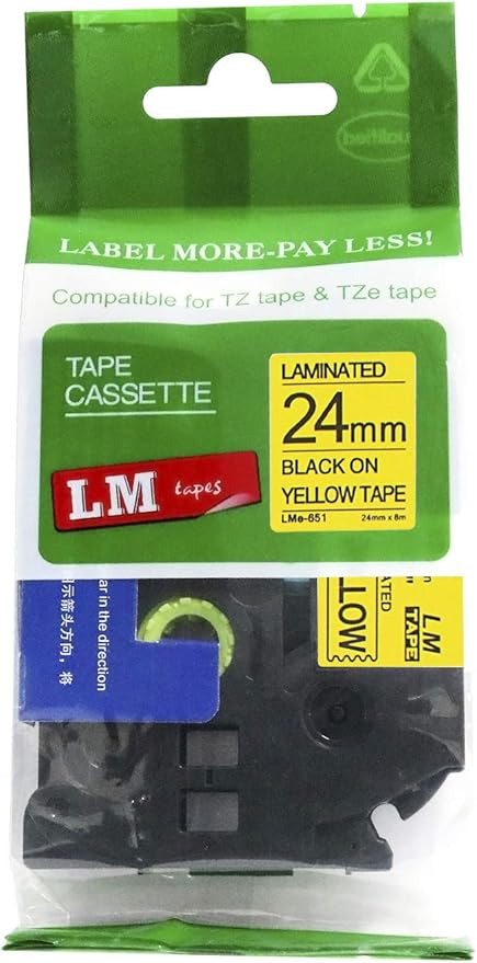 1/Pack LM Tapes - LMe651 Premium 1" Black Print on Yellow Label Compatible with Brother TZe-651 P-Touch and Includes Tape Color/Size Guide. Replaces TZ-651 24mm 0.94 Laminated Ptouch.