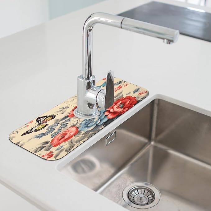 Vintage Floral Butterfly Kitchen Faucet Mat Splash Guard, 15.4”x5.7” Absorbent Quick Drying Sink Mat for Countertop Protection, Draining Mat Sink Protectors For Kitchen Bathroom, 1 Pack