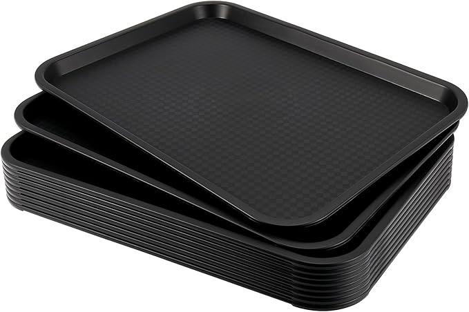 10 Pack Black Plastic Fast Food Tray, 16 x 12 Inch Plastic Cafeteria Trays with Textured Surface, Rectangular Fast Food Serving Trays for Serving and Carrying Food in Restaurant Cafeteria