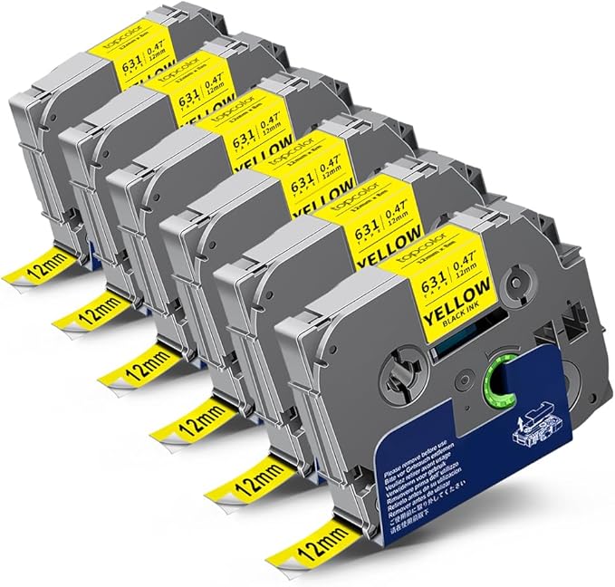 6-Pack Tze631 12mm 0.47 Laminated Yellow Label Tape Compatible for Brother Tze-631 Tze631 TZ-631 P Touch Label Tape Tz Tze 12mm 1/2" Black on Yellow for PTD210 PTD220 PTD400 PT1290 PT2040