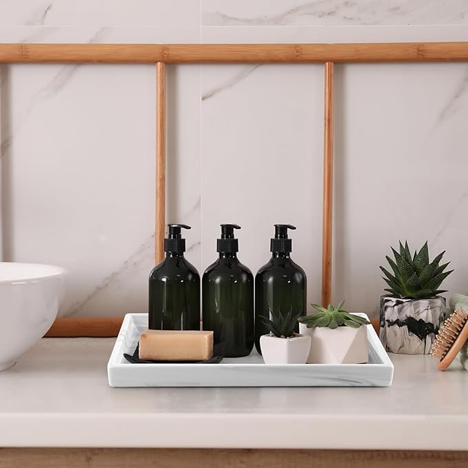Sanbege 12" Large Ceramic Vanity Tray, Rectangle Perfume Plate Organizer, Jewelry Holder Dish, Non Slip Decorative Tray for Bathroom, Bedroom, Kitchen, Coffee Table (Marble Grey)