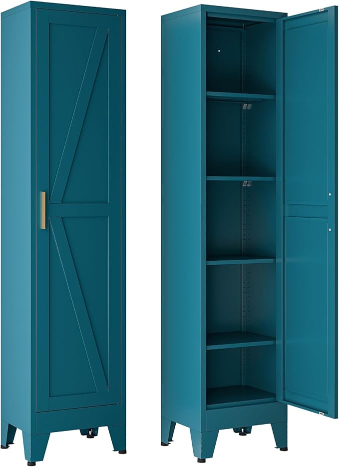 YNIQUESTLE 67" Tall Storage Cabinet with Reversible Doors and Adjustable Shelves,Metal Slim Freestanding Cabinets for Bathroom Kitchen Garage Small Spaces,Blue,5-Tier
