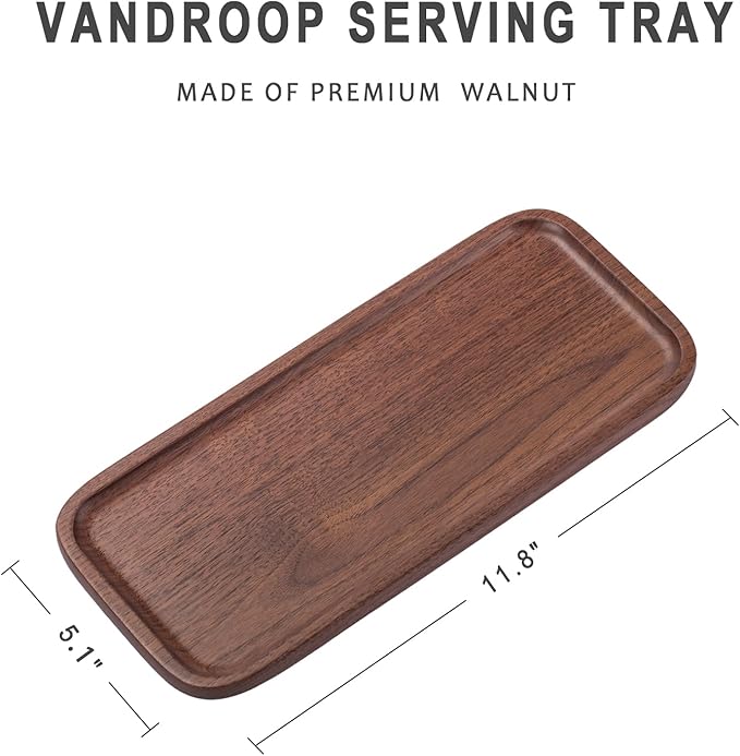 Vandroop Wood Serving Tray, Small Trays for Storage, Rectangle Wooden Plates for Serving Food, Tea and Coffee, Decorative Vanity Tray for Bathroom, Tray for Kitchen Counter(Set of 2, Walnut)