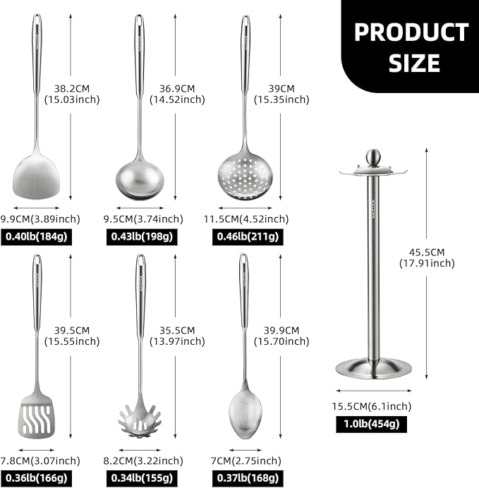 MAXCOOK Cooking Utensils set, 18/8 Stainless Steel Kitchen Utensils set, 7 Pieces Cookware Set with Rotating Holder, Heat Resistant Stainless Steel Cooking Spoon(Dishwasher Safe)