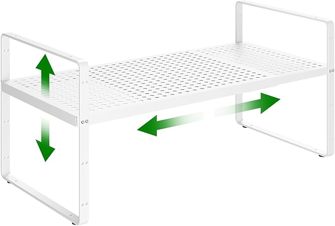 LOCVCDA Expandable Kitchen Cabinet Shelf Organizer Rack Heavy Duty Metal Spice Rack Stackable Kitchen Counter Storage Shelf for Cabinet Pantry Bathroom (White- 16.5"-27" L x 8" W x 9.6" H - 1Pack)