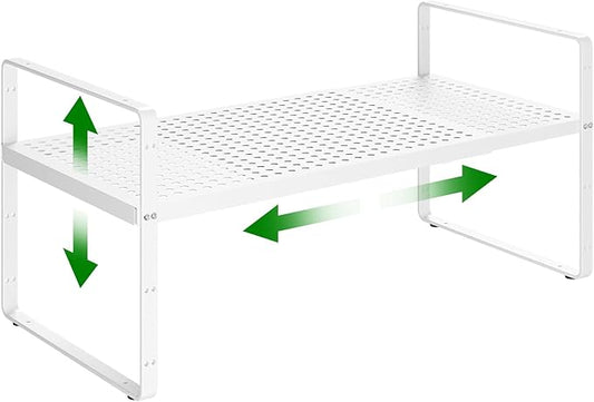 LOCVCDA Expandable Kitchen Cabinet Shelf Organizer Rack Heavy Duty Metal Spice Rack Stackable Kitchen Counter Storage Shelf for Cabinet Pantry Bathroom (White- 16.5"-27" L x 8" W x 9.6" H - 1Pack)