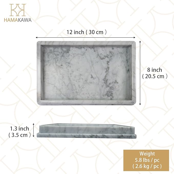 HAMAKAWA Large Natural Marble Bathroom Vanity Tray 12 inch, Carrara White Stone Jewelry Tray, Rectangle Sink Trays, Modern Tank Trays, Countertop Organizer for Soap Dispenser, Kitchen, Home Decor