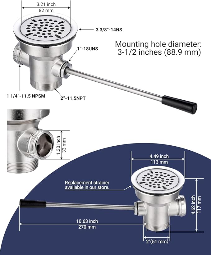 3-1/2" Commercial Sink Drain with Straight Lever Handle, Waste Drain Valve with Overflow Inlet for Restaurant 2/3 Compartment Sink, Easy Controll, Block-free and Leakproof