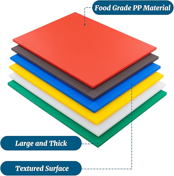 EASYROSE Plastic Cutting Board Set of 6, 18 x 24 x 1/2 Inch Commercial Grade Chopping Board Large Multi-Color Cutting Boards for Kitchen - Dishwasher Safe, NSF Certified