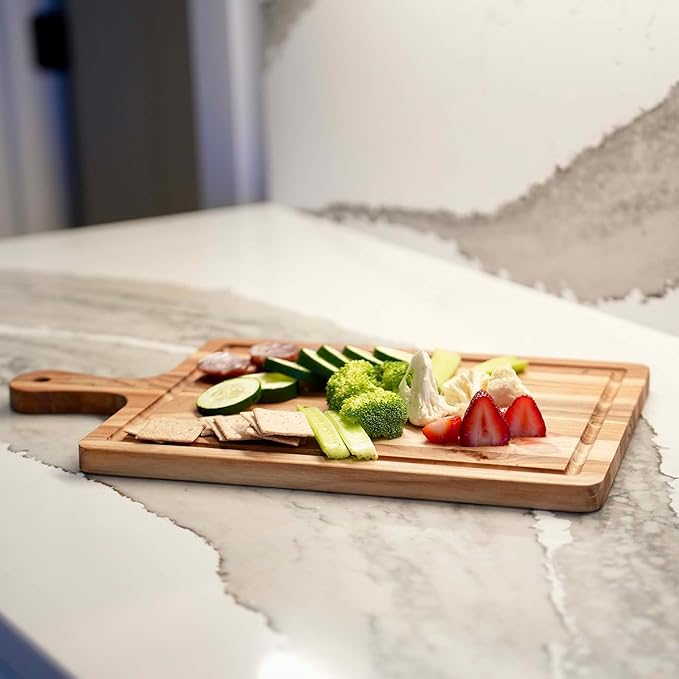 EcoDecors 17"x10" Teak Cutting Board with Handle & Juice Groove, FSC Certified Edge Grain Wood, Rectangle Prep & Serving Board for Kitchen