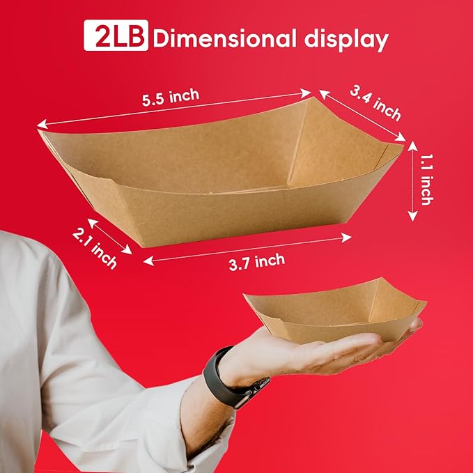 JOLLY CHEF 2lb Paper Food Trays, 250 Pack Disposable Paper Boat, Serving Boats, Food Holder Trays for Snacks French Fries Nachos Hot Dog Tacos BBQ Party