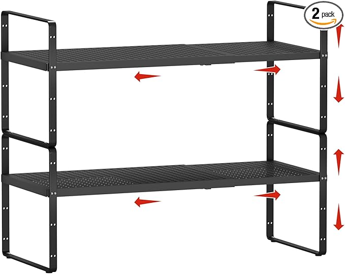jkxoo 2Pack Expandable Cabinet Countertop Shelves 16.5-27’’L, Adjustable Metal Spice Rack Organizer, Stackable Kitchen Counter Storage Shelves Organizers for Cabinet Organization, Black