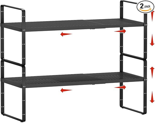 jkxoo 2Pack Expandable Cabinet Countertop Shelves 16.5-27’’L, Adjustable Metal Spice Rack Organizer, Stackable Kitchen Counter Storage Shelves Organizers for Cabinet Organization, Black