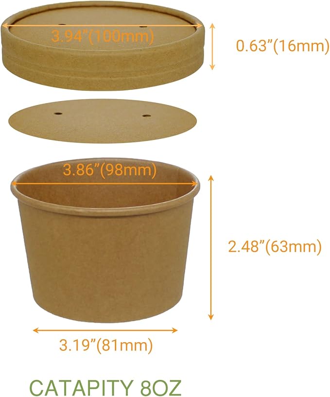 Belinlen 50 SET 8OZ Kraft Paper Soup Cups with Lids Compostable Paper Food Cup with Vented Lid, Disposable Ice Cream Cup, Great For Restaurants, Take Outs, or To-Go Lunch