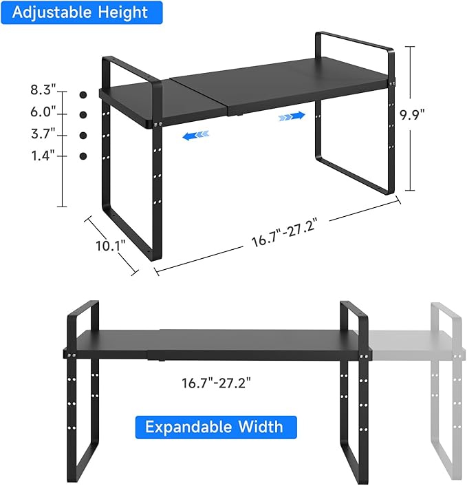 KIKIBRO Expandable Cabinet Shelf Organizer, Stackable Kitchen Pantry Counter Storage, Adjustable Closet Cupboard Stand Rack Risers Spice Organization 80LBS Heavy Duty Black Large 1 Pack
