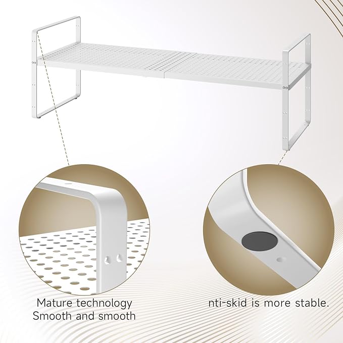 taiheis Hole Pattern Expandable Shelf Organizer,1Pack 10.2" Wide Easy to Assemble Cabinet Organizer Shelf, 16.5~27.1" Adjustable Height&Stackable Spice Organization for Cupboard, White