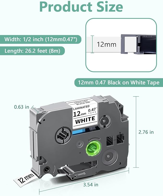 Tze 12mm 0.47 Laminated White Label Maker Tape Compatible for Brother TZe-231 TZe231 P Touch Label Tape TZe 1/2 TZ Tape, Work with PT-D220 D210 D220 H110 D200 D400 D410 D610BT, 12mm x 8m, 6-Pack