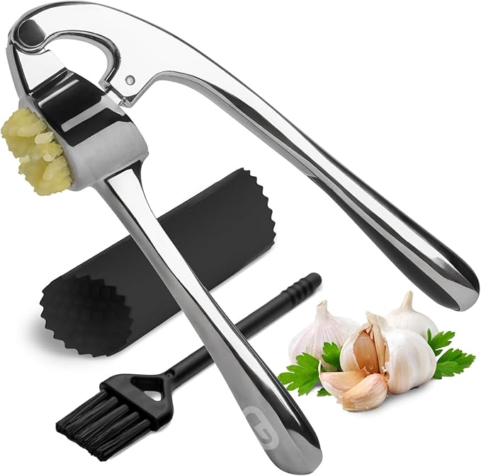 GD Premium Garlic Press Set – Rust-Proof Garlic Mincer Crusher smasher Tool – Easy-Squeeze, Easy-Clean with Soft Ergonomic Handle – Dishwasher Safe, Includes Silicone Peeler & Brush (Imperial Silver)