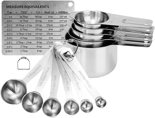 KUBEMUEG Measuring Cups and Spoons Set Heavy Duty 304 Metal Stainless Steel Measuring Cup Spoon Kitchen Gadgets for Cooking Baking (Set of 14)