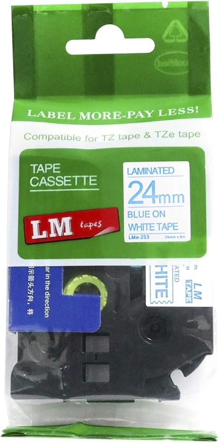 1/Pack LM Tapes - LMe253 Premium 1" Blue Print on White Label Compatible with Brother TZe-253 P-Touch and Includes Tape Color/Size Guide. Replaces TZ-253 24mm 0.94 Laminated Ptouch.