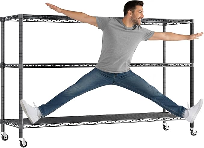 VINGLI 3 Tier Metal Storage Shelves 41''H Wire Shelving with Wheels for Storage Adjustable Heavy Duty Garage Shelving Storage Racks for Pantry Shelves Kitchen Office Garage, 41''H X46''W X17''D