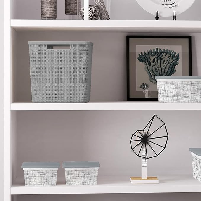 Curver Set of 4 Large Cube 17L Jute Decorative Plastic Organization and Storage Baskets - Perfect Bins for Home Office, Closet Shelves, Kitchen Pantry and All Bedroom Essentials, Grey